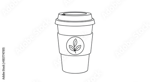 Simple black and white line art of a disposable coffee cup with a lid and sleeve for a minimalist cafe or beverage icon.