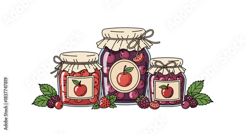 Charming illustration of three glass jars filled with homemade fruit jam and decorated with rustic labels and fresh berries.