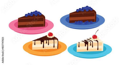 Set of four delicious cake slices on colorful plates including chocolate blueberry and vanilla cherry flavors for a dessert menu.
