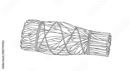 Simple black and white line art illustration of a sage smudge stick bundle tied with string for a coloring page or icon.