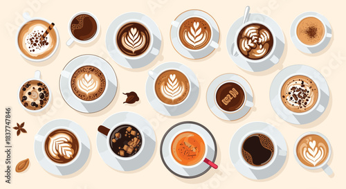 Top-down view of a diverse assortment of coffee cups featuring latte art cappuccinos and espressos on a light-colored background.