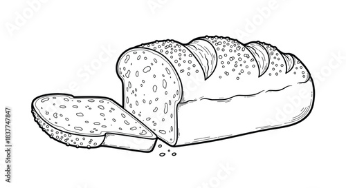 Detailed black and white line art of a sliced loaf of fresh bread with a textured crust and porous crumb on a white background.
