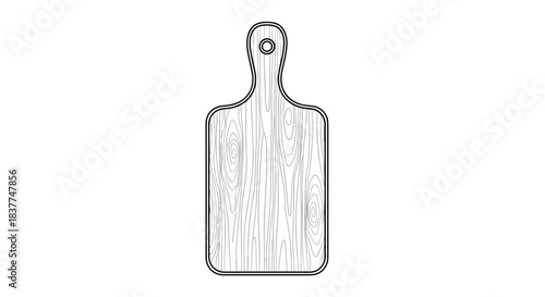 Simple black and white line art illustration of a wooden kitchen cutting board with a handle and wood grain texture detail.