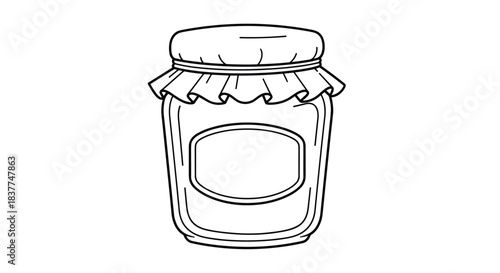 Black and white line art illustration of a glass jar of homemade jam or preserves with a fabric cover and blank label.