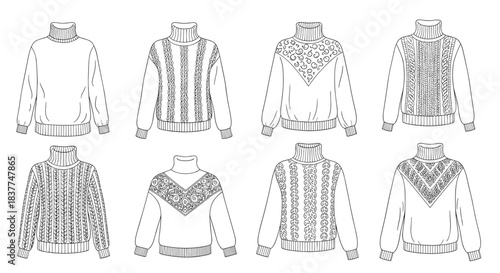 Set of eight black and white fashion design sketches showing different styles of women's turtleneck sweaters and pullovers.