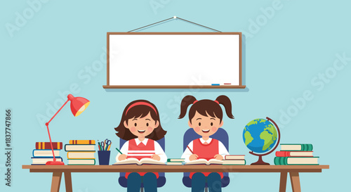Two happy schoolgirls studying together at a wooden desk in a classroom with books a globe and a blank whiteboard behind them.