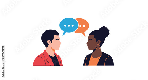 Diverse man and woman engaged in a conversation with colorful overlapping speech bubbles symbolizing communication and dialogue.
