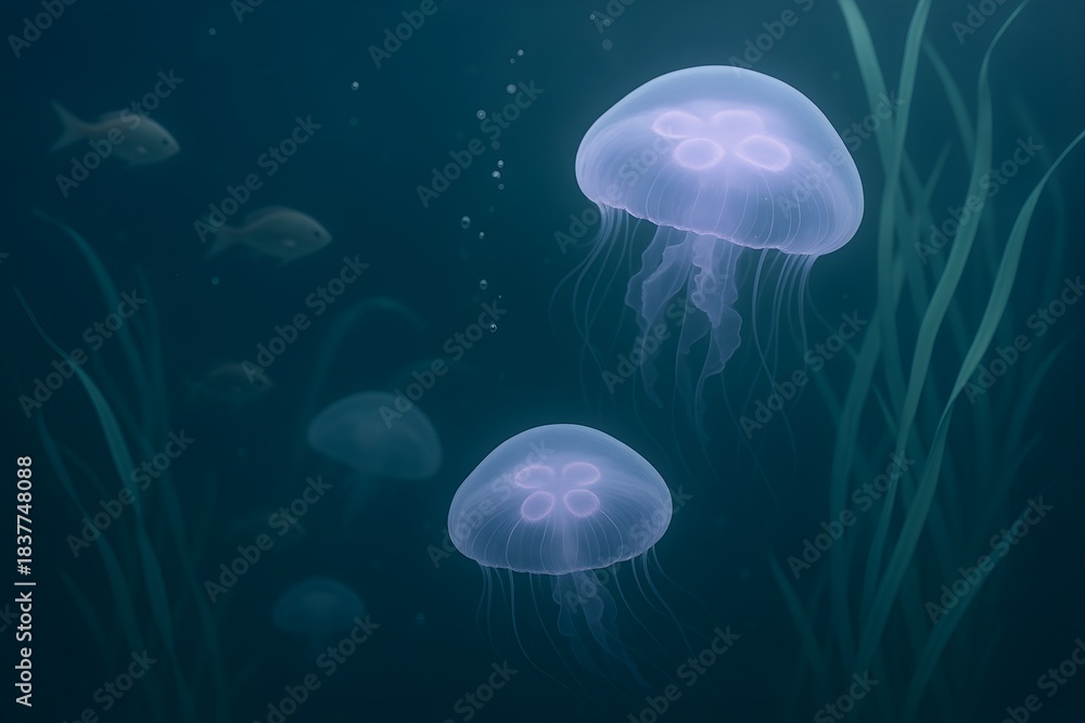 Fototapeta premium Luminous jellyfish and schools of fish gracefully navigate a dark underwater world