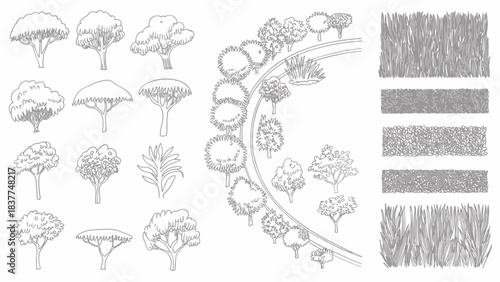 Top-down landscape elements: vector trees, bushes, and textures