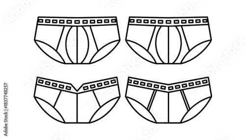 Four pairs of men's briefs are depicted in a simple line drawing.