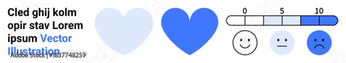 Emotion tracking, feedback collection, customer experience, satisfaction measurement, survey tools, mental health analysis. Heart icon and mood scale with happy, neutral sad faces. Emotion tracking