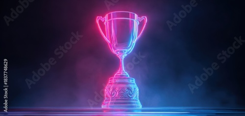 The Trophy Glowing in Neon Light on Foggy Stage Symbolizing Victory and Achievement