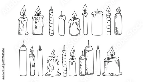 A collection of various lit and unlit candles drawn in outline.