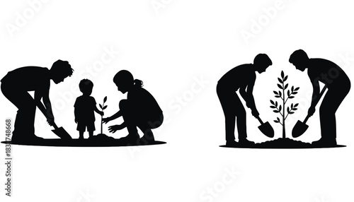 Silhouettes of people planting trees and saplings in the ground.