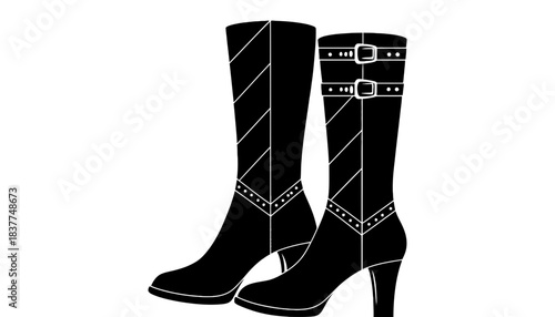 A pair of black leather boots with buckles and decorative stitching.