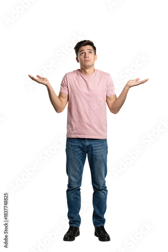 Young man shrugging with hands raised in confusion