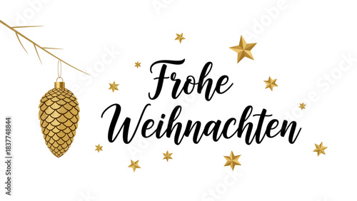 Elegant Frohe Weihnachten greeting card with golden pinecone ornament and sparkling stars on a white background.