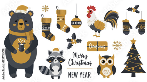 Collection of black and gold Christmas and New Year graphic elements featuring animals, decorations, and festive text.