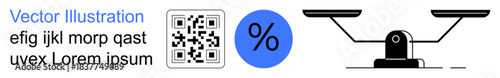Data analysis, financial balance, digital codes, technology integration, decision-making, metrics. a QR code, percentage sign and scale. Data analysis and financial balance concept