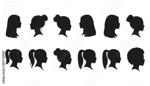 Silhouettes of diverse female hairstyles are displayed in two rows.