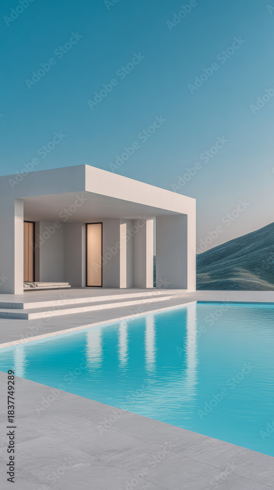 Fototapeta premium Modern villa with pool overlooking scenic mountains at midday under clear blue sky