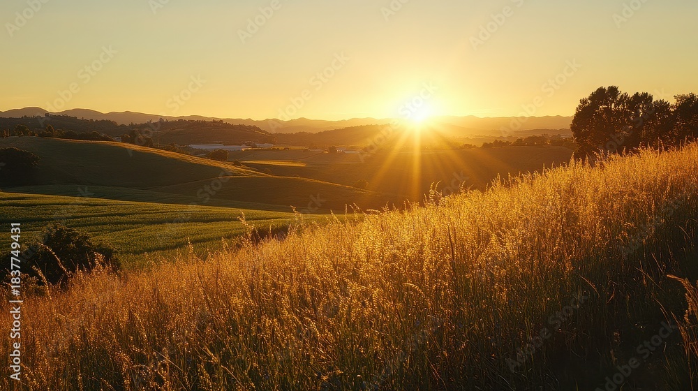 Obraz premium Golden Sunset Over Rolling Hills and Tall Grass in a Countryside Landscape
