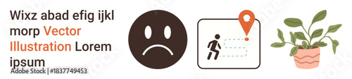 Negative emotions, navigation, tracking, indoor decoration, emotional expression, directions. Sad face icon, person with location pin and a plant in a pot. Negative emotions and navigation concept