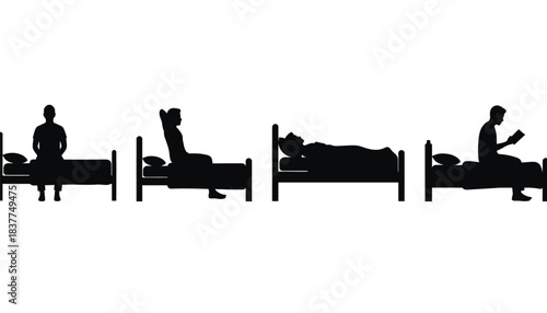 Silhouettes of a person in different positions on a bed.