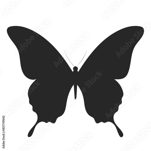 A simple black silhouette of a butterfly with outstretched wings
