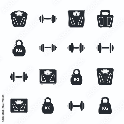 Black and white icons depicting weight scales dumbbells and kilograms