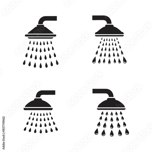 Black and white shower head icons with falling water droplets displayed