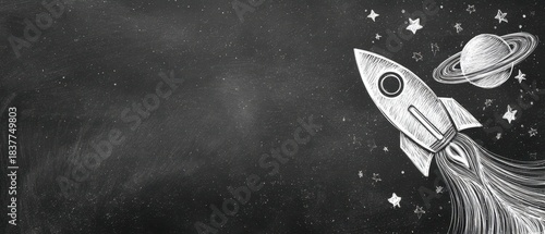 The Rocket Chalkboard Illustration with Saturn Planet Stars and Motion Trails