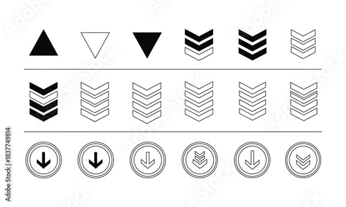 Collection of black chevron direction arrows down vector template