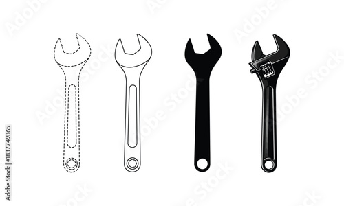 Set of different open end wrench and adjustable wrench illustration