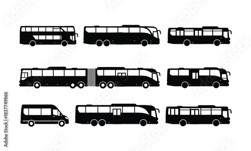 Set of various city and coach bus vector silhouette illustration