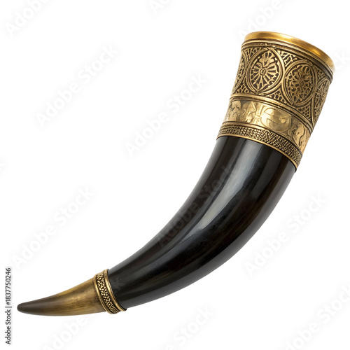 Ornate Drinking Horn with Gold Accents isolated on a transparent background
