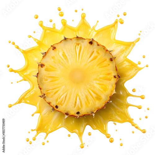 Pineapple slice in yellow juice splash isolated on a transparent background