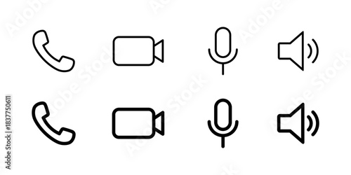 Phone call, video, microphone, and speaker outline icon. Handset, camera, mic, and volume symbol