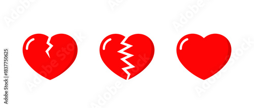 Heartbreak and heart icon in flat design. Breakup and love symbol. Divorce and romantic sign