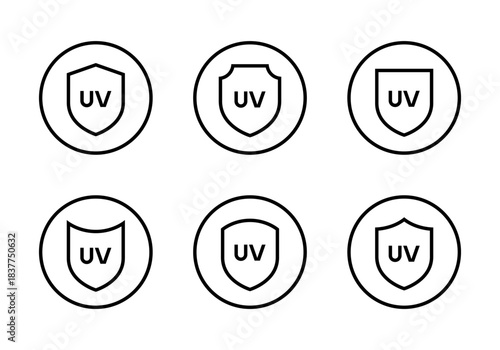 UV protection shield icon set in circular outline. Skincare, sunscreen, and safety product symbol