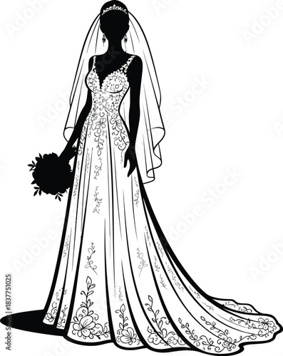 Stunning silhouette of a bride in an elegant lace wedding gown holding a bouquet