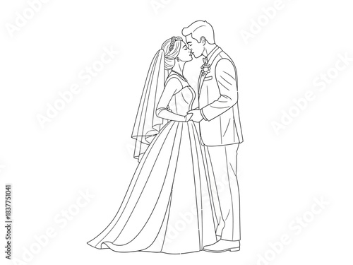Stunning black and white line art of a newly married bride and groom sharing a tender kiss