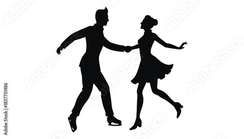 Silhouettes of a couple ice skating together holding hands