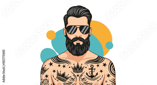 Stylish portrait of a handsome bearded man with a mustache and sunglasses, showing off intricate chest tattoos with a cool demeanor.
