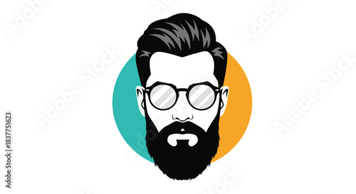 Modern flat design vector portrait of a stylish man with a full beard, mustache, and round glasses, set against a two-tone circle background.