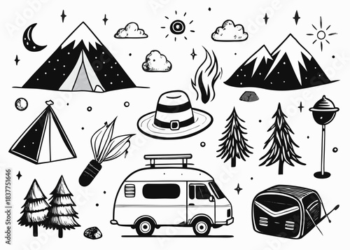 Camping elements doodle set