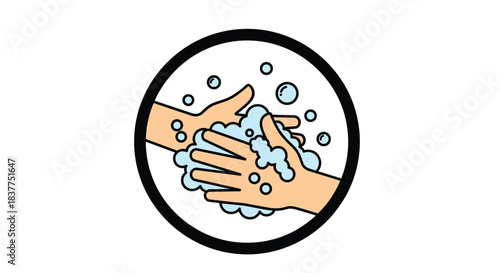 Simple circular icon illustrating proper hand washing technique with two hands lathering up with soap suds and bubbles.