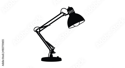 Classic black silhouette of an adjustable swing arm desk lamp or architect lamp, isolated against a clean white background.