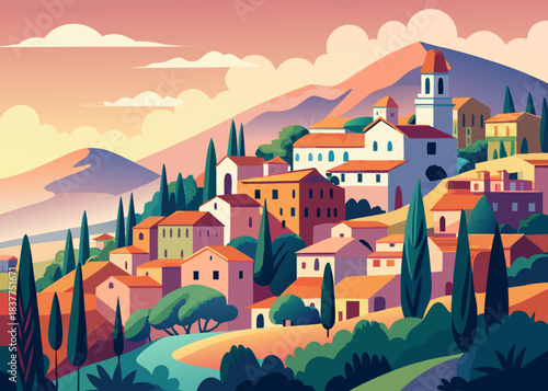 Village landscape at sunset Vector