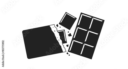A simple black and white glyph icon of a chocolate bar partially unwrapped and broken, isolated on a clean white background.
